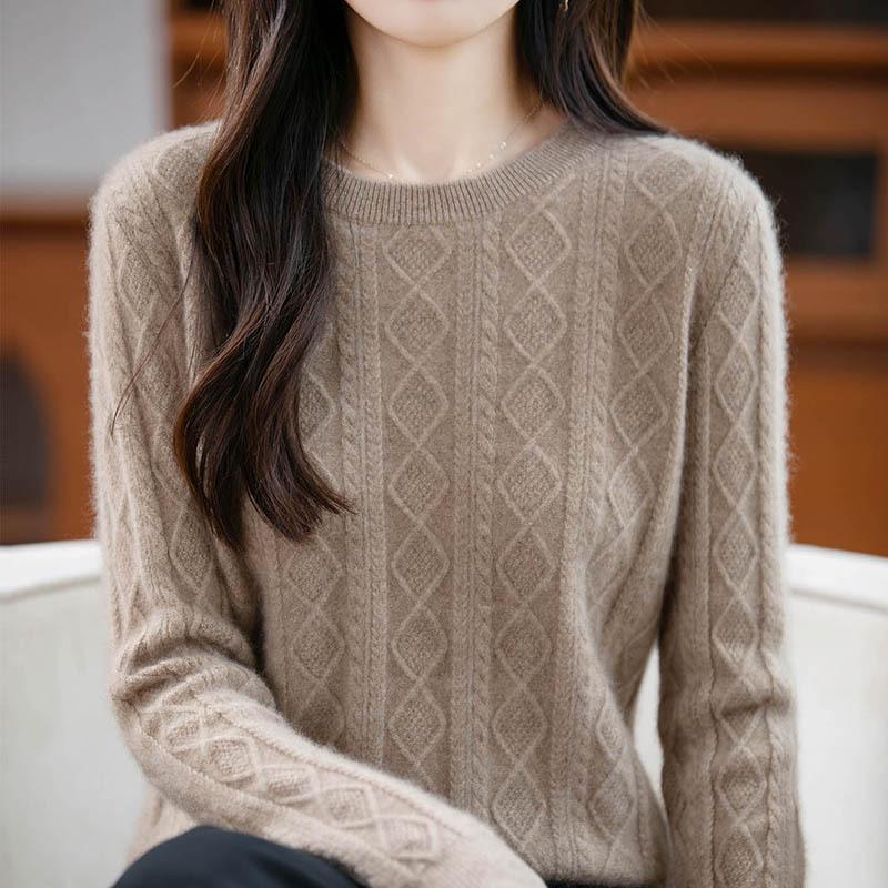 2025 Women's Retro Loose Diamond Pattern Australian Wool Sweater - 100% Wool, Round Neck, Thickened, for Autumn/Winter