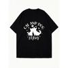 Cat And Dog Mom Oversized T Shirt Black Cat And Dog Silhouette With Hearts Print Casual Wear For Pet Lovers