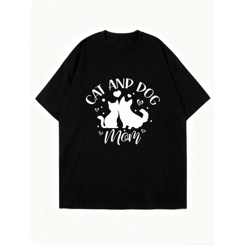 Cat And Dog Mom Oversized T Shirt Black Cat And Dog Silhouette With Hearts Print Casual Wear For Pet Lovers