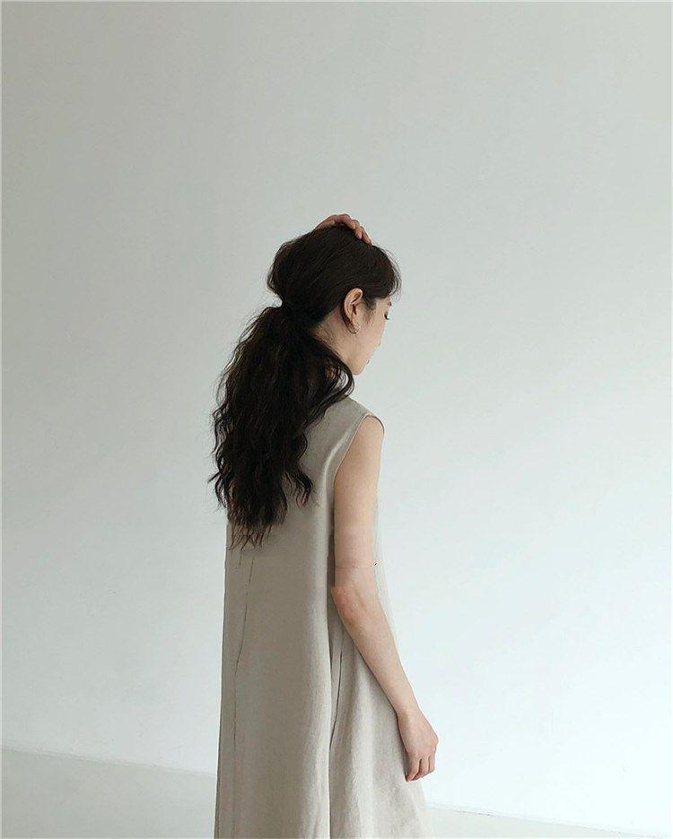 Korean Sleeveless Loose Fit Cotton Linen Dress with Wide Hem