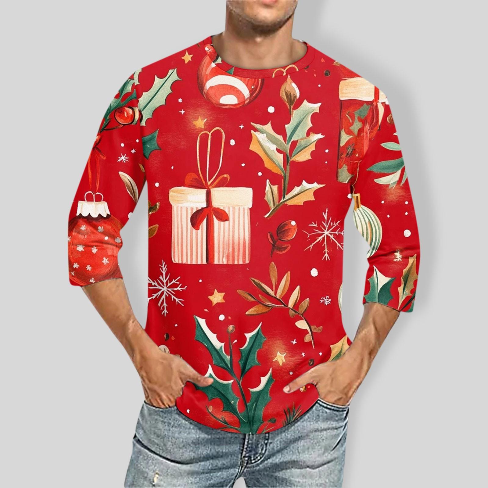 

Мужская футболка с круглым вырезом и рукавом три четверти с рождественским принтом XL красный