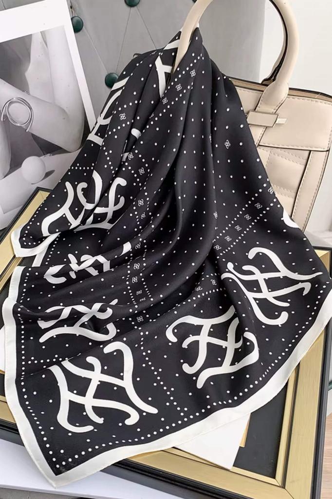Black Scarf with Cream Monogram 90X90 - Chic and Expressive