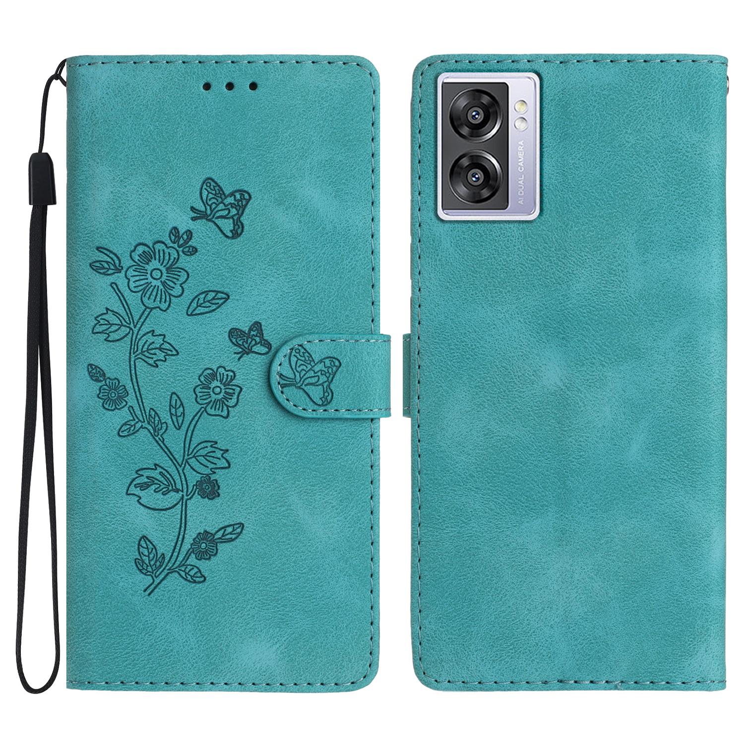 

For Oppo A57 4G/A57 (2022) 5G/A77 5G Imprint Flower Cover Leather Wallet Stand Shockproof Cell Phone Case Sky Blue