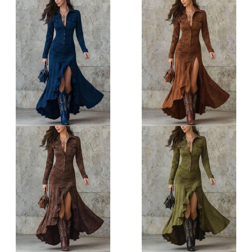 English Dress Long Sleeve Round Neck Zip Back Asymmetrical Hem For Casual Autumn
