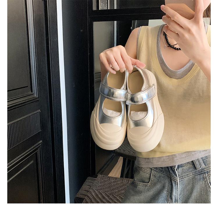 Rindslederversion~ Klettleder Ein-Pedal Dicksohlige Erhöhungsschuhe Silberne Mary Jane Einzelschuhe Muffin Weiße Schuhe