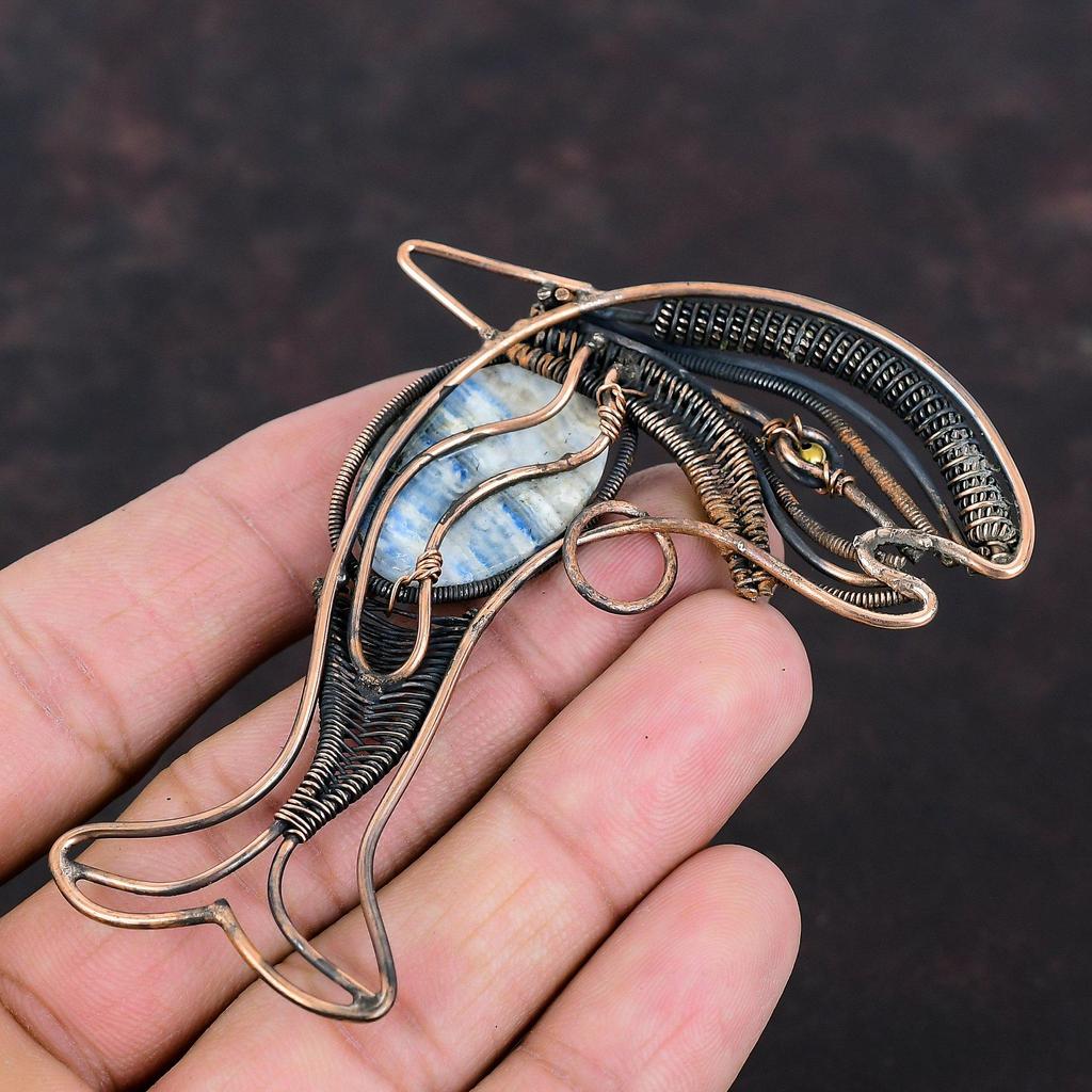 Blue Scheelite Pendant Copper Wire Wrapped Pendant Handmade Gemstone Pendant Copper Jewelry Awesome Fish Pendant Wire Wrap Jewelry For Gift