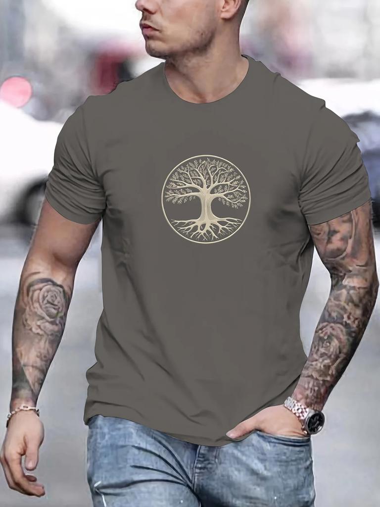 Mens Summer 100 Pure Cotton Fashionable Casual Sports Wide Pine Pattern Printed Sports Round Neck Short Sleeved Tshirt Top