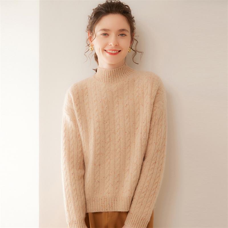 Lekasha Women's Cashmere Cable Knit Sweater - Loose Fit & Slimming Base Layer, Half-High Neck, Autumn/Winter.