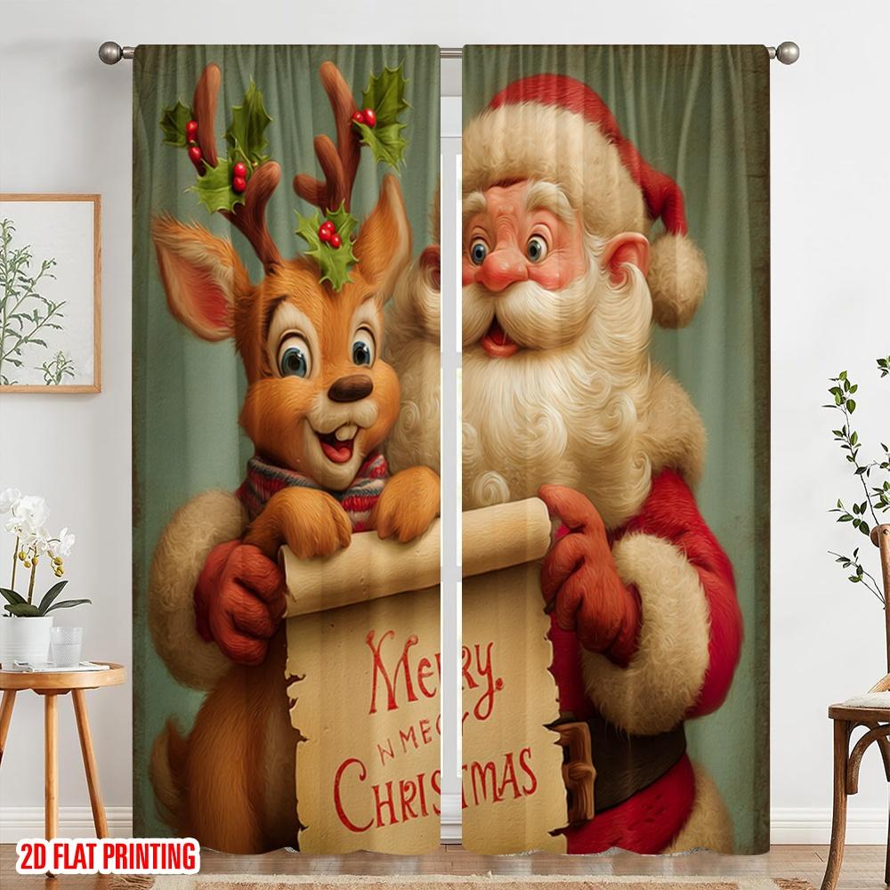 2 Stück, 2D-gedruckte Fenstergardine mit Weihnachtsmann- und Rentiermotiven aus Polyester (ohne Stange) Festlich – ideal für Schlafzimmer und Wohnzimmer