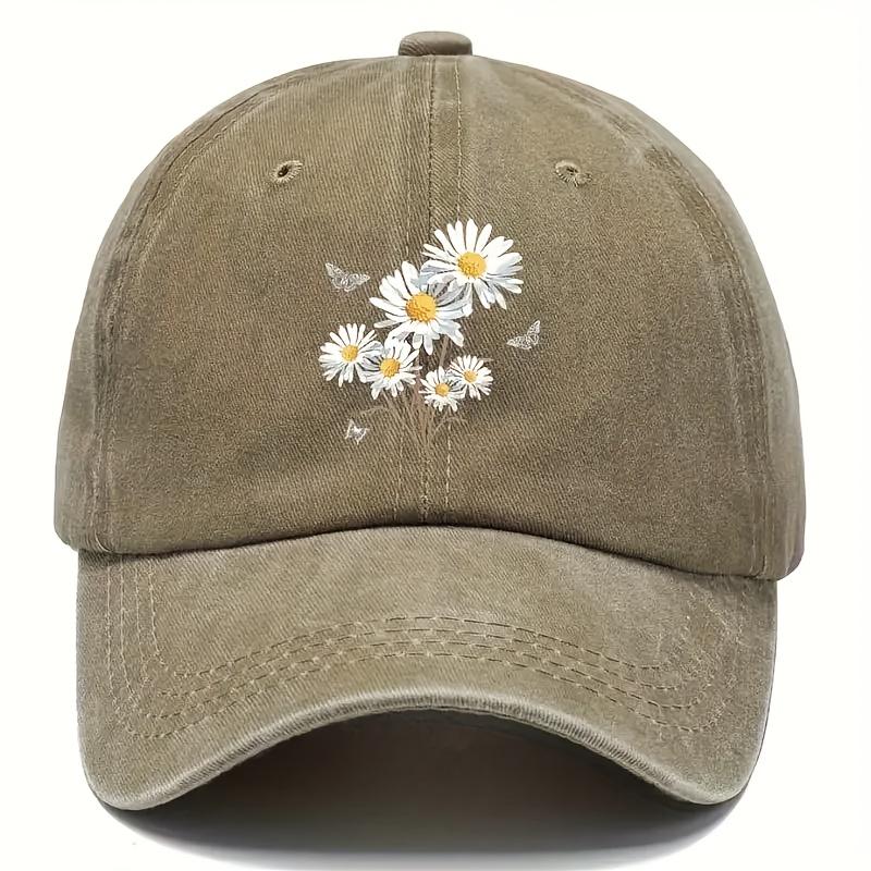 Unisex Vintage Gewaschene Baseballkappe Verstellbar Leicht Atmungsaktiv Dad Hat mit Gänseblümchen Schmetterling Print Design