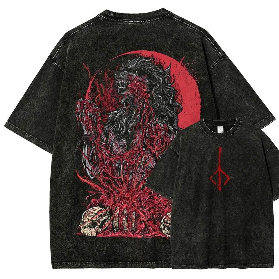 Yıkanmış Vintage Bloodborne Tişört Erkek Kadın Canavar Kurt Kırmızı Ay Korku Gotik Karanlık Oyun Grafik Pamuklu Unisex Sokak Giyimi Tişört