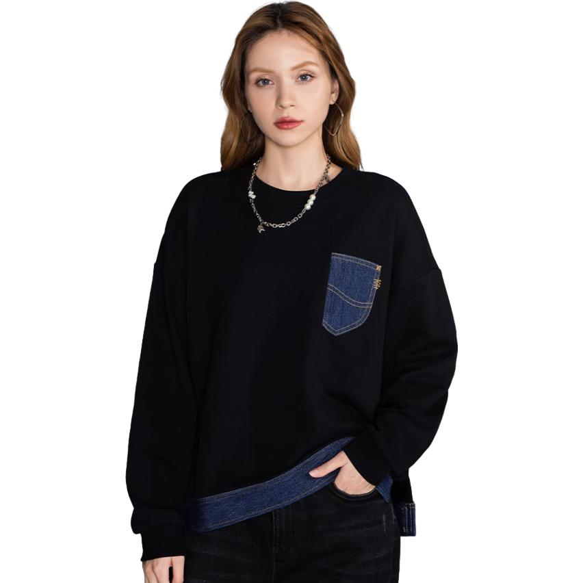 Lee Denim Patchwork Round Neck Pullover Sweatshirt Women Sweatshirt Black LWT004232CUH00F-K11000