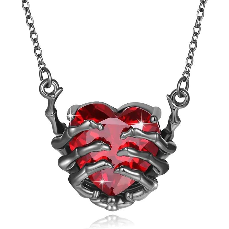 Exaggerated Punk Gothic Personality Dark Red Heart Ghost Claw Pendant Necklace for Women Men Black Hip Hop Jewelry