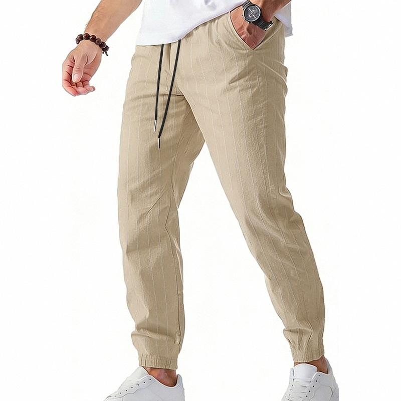 Mens Loose Casual Linen Striped Jogger Pants Straight Leg Commuter Trousers