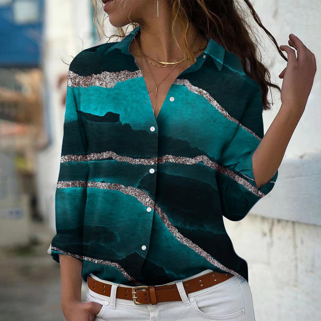 Liusha River Print Women Blouse Spring Autumn Femme Office Lady Button Up Turn Down Collar Shirts