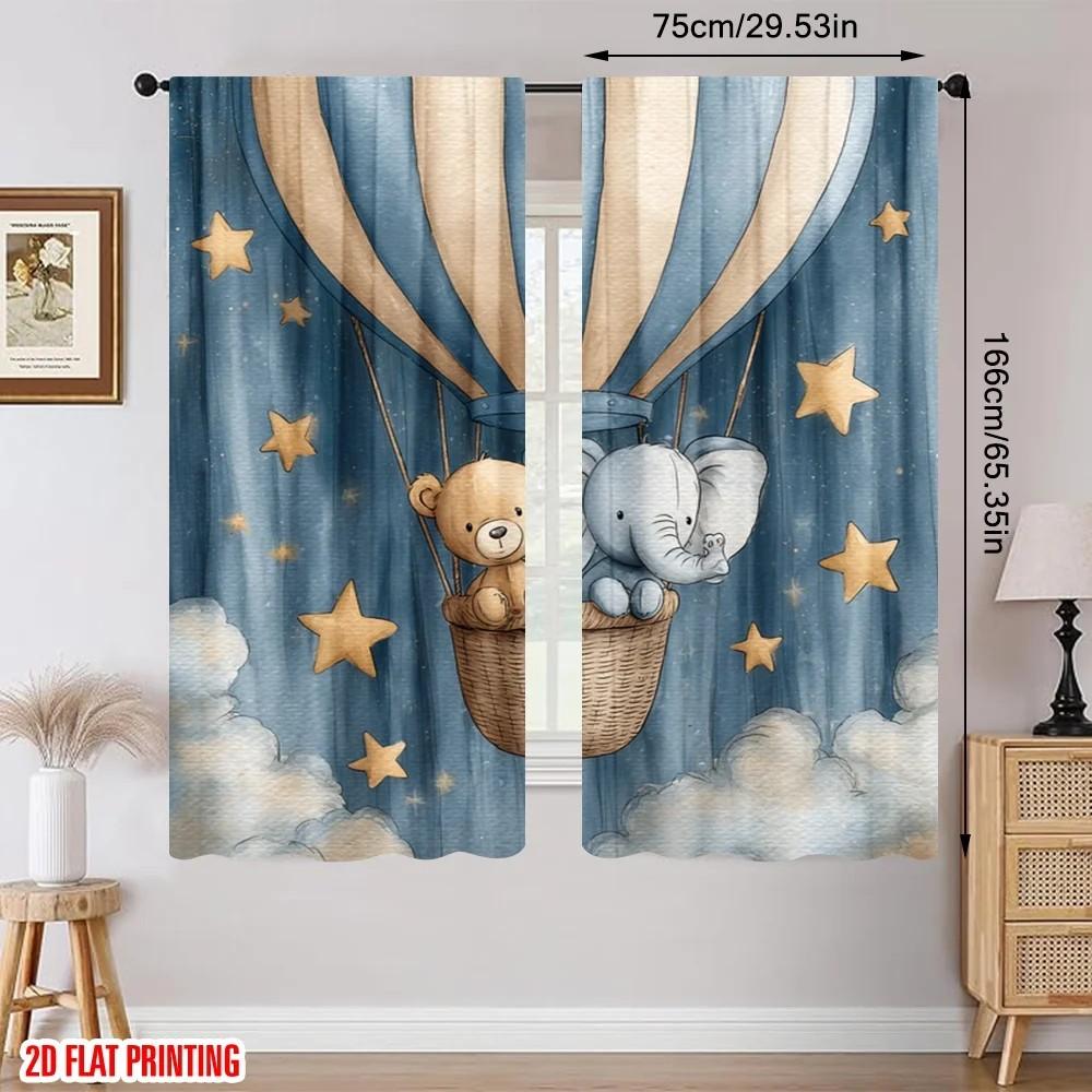 Blackout Starry Hot Air Balloon Print Curtain Polyester Nursery Decor Kids Room Window Treatment Set Of 2 Made With Rod Pocket Washable Ready