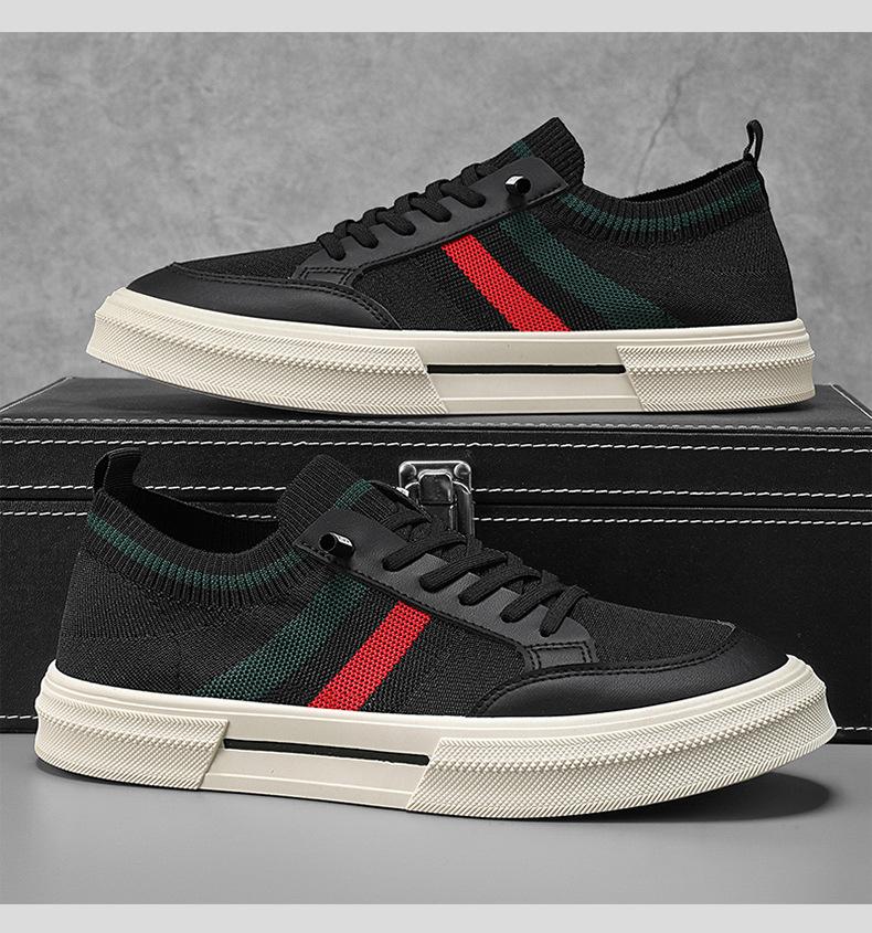 Spring Summer New Shoes for Men Knit Casual Shoes Striped Flat Skateboard Youth Slip-on Sneaker