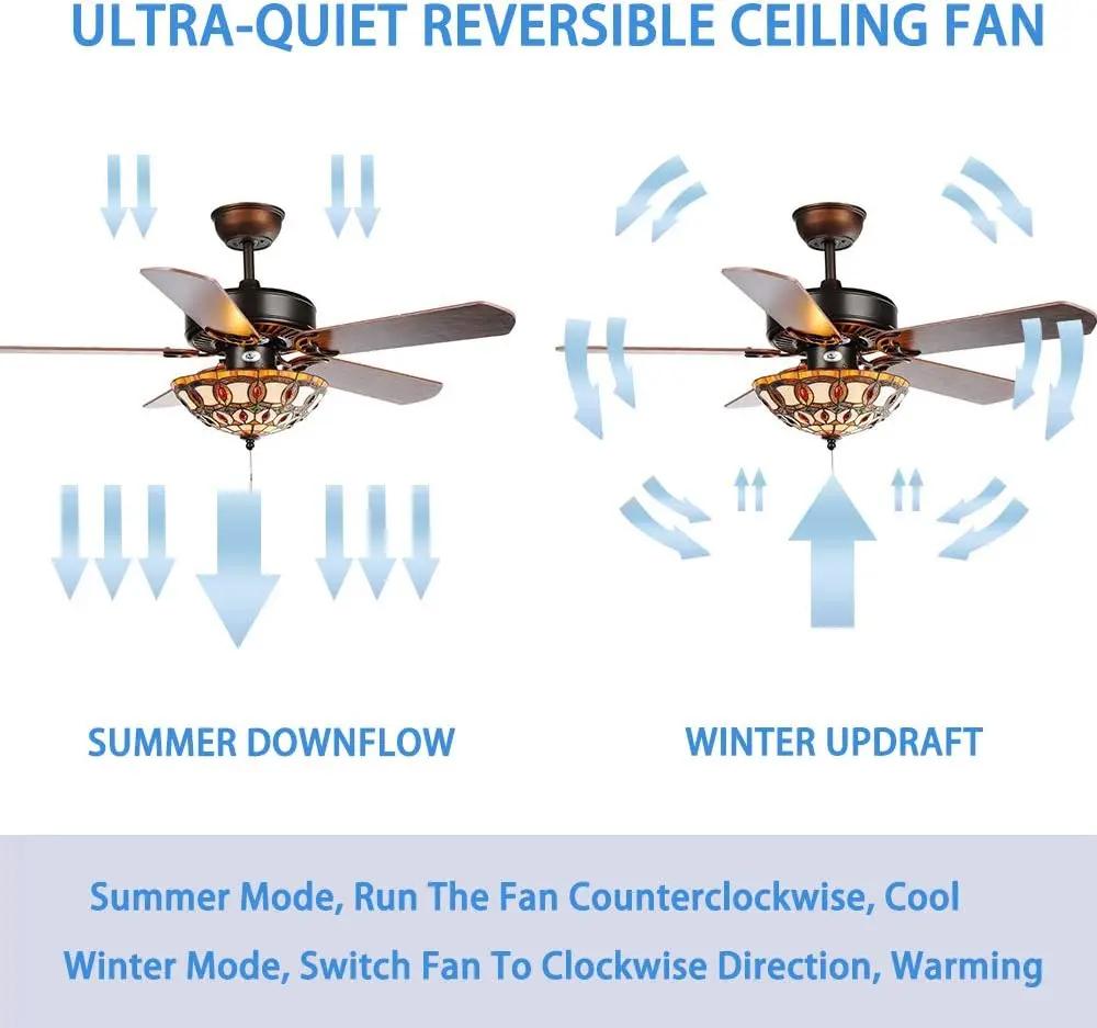 Retro Restaurant Ceiling Fan with Light Colored Glass Ceiling Fan Home Remote Control Wooden Leaf High Wind Ceiling Fan Light