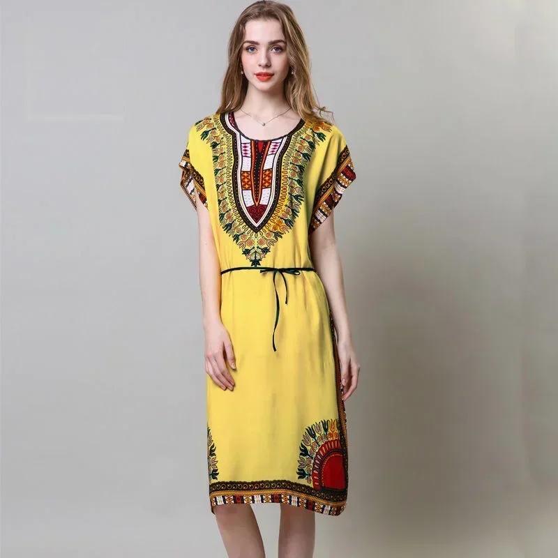 Bohemian National Style Leisure Holiday Beach Printed Poker Indonesia Floral O Neck Loose Midi Dress Pajamas Loungewear Woman