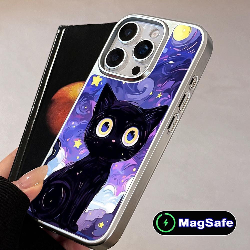 Luna Mond Katze Handyhülle für iPhone 17 16 15 14 13 12 11 Air Pro Max Plus Magsafe Silberbeschichtung Bunte Hülle Luxus