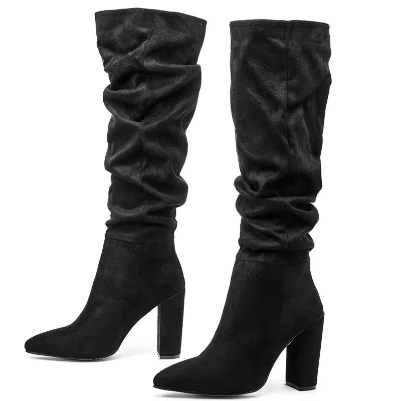 Fashion Eilyken Fashion Women High Heel Boots Designer Chunky Heel Shoes Long Boots the Knee Pleated Botas Mujer