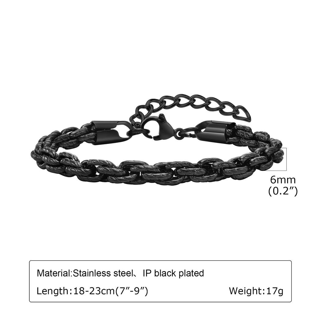 Men Snake Link Chain Bracelets, Black Silver Color Twisted Stainless Steel Glossy Chain Bracelet, Comfort Wear Jewelry