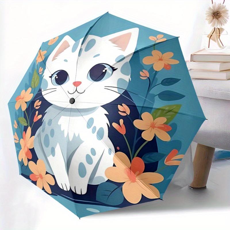 1pc Kitten Flowers Automatic Umbrella - Auto Open/Close Folding Umbrella with Reinforced 8-Rib Frame, 096