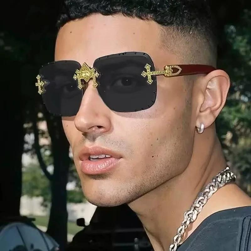 Vintage Rimless Square Sunglasses Punk Fashion Diamond Cross Shades Luxury Brand Designer Unisex