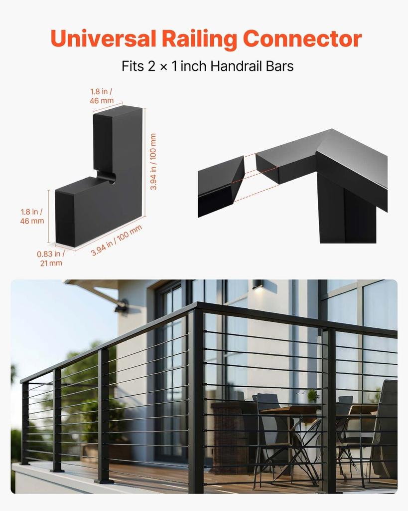 2 Pack Corner Connectors for Handrail, Extension Stair Railing Accessories, POM Hand Rail Connector Fittings for Rectangular Cable Railing, Deck Cable