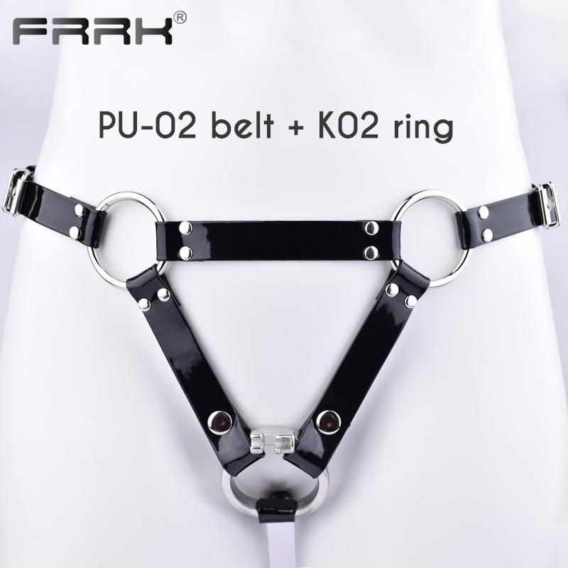 FRRK PU pásový postroj pro hráče BDSM Metal Chastity Cage v různých velikostech Sexy dospělí Intimní produkty Sexuální hračky Bondage