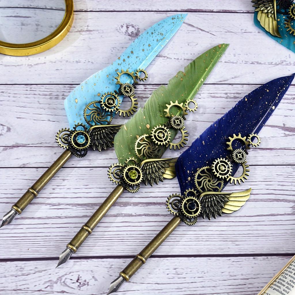 Ambidextrous Mechanical Calligraphy Pen with 5 Personalized Metal Tips, Medium Point, Round Body, Decorative European Retro Feather Quill for Beginner