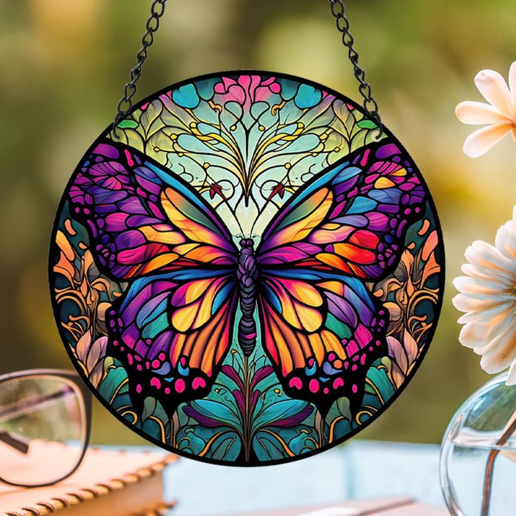HOTIYOK Colourful Butterfly Stained Acrylic Window Hangings Cute Ornaments Wall Art Decor for Home Coffee Bar, Birthday Party Decorations