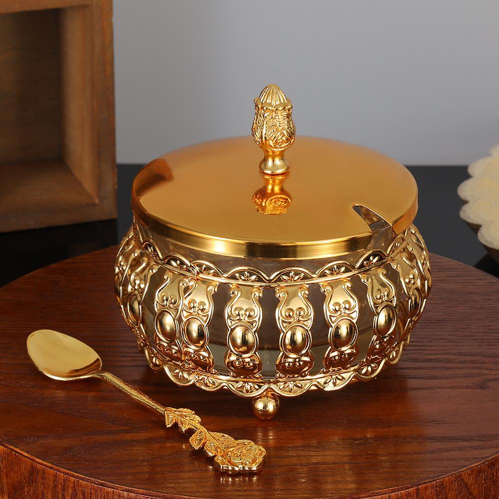 European Iron Spice Jar with Hollow Design, Transparent Glass Sugar Container, Light Luxury Kitchen Seasoning Holder