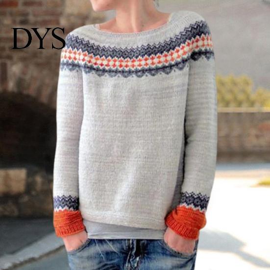 Women Jumper Winter Knitted Crew Neck Long Sleeve Color Comfortable Block Loose Fit Sweater Breathable Warm Pullover Knitwear