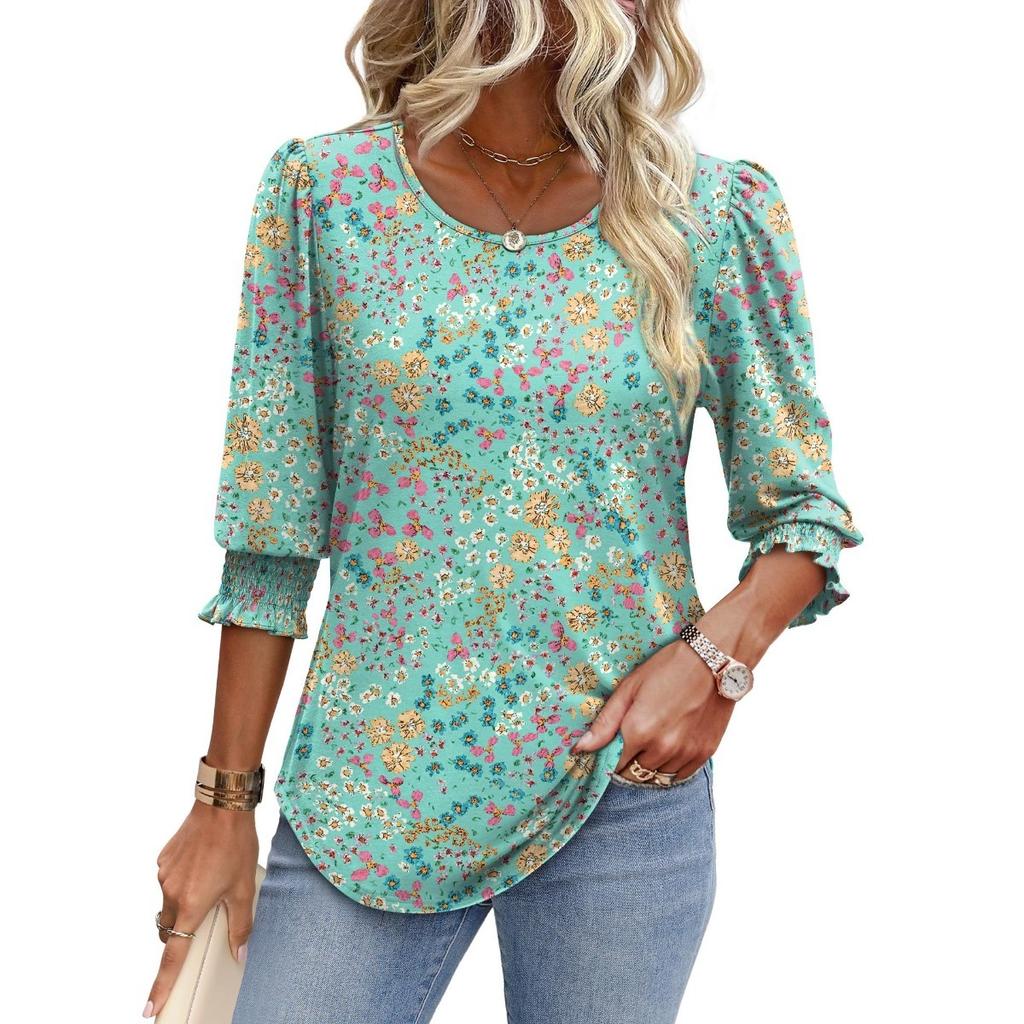 Women's Clothing, Spring, Loose, Casual, Printed, Seven Quarter Sleeves, Round Neck, T-shirt, Top
