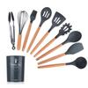 11-Piece Wooden Handle Silicone Kitchenware Set - Includes 9 Kitchen Tools, Spatula, and Spoon.