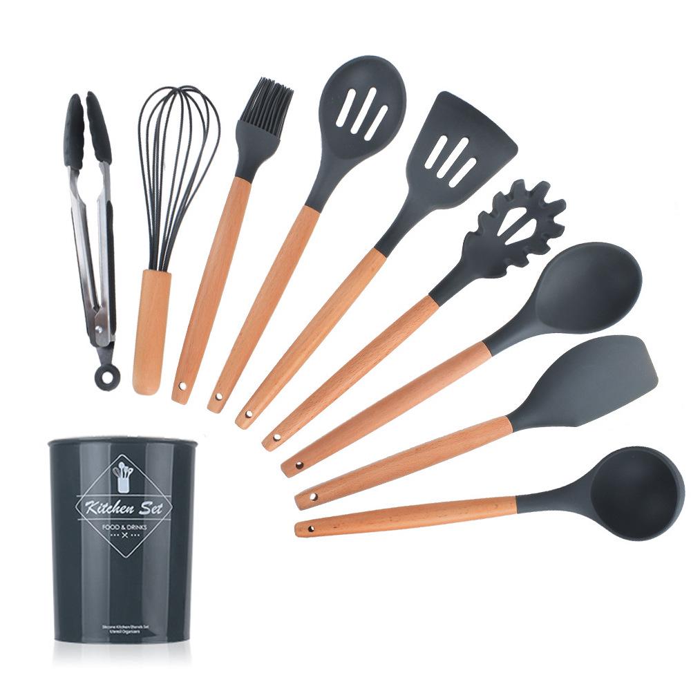 11-Piece Wooden Handle Silicone Kitchenware Set - Includes 9 Kitchen Tools, Spatula, and Spoon.