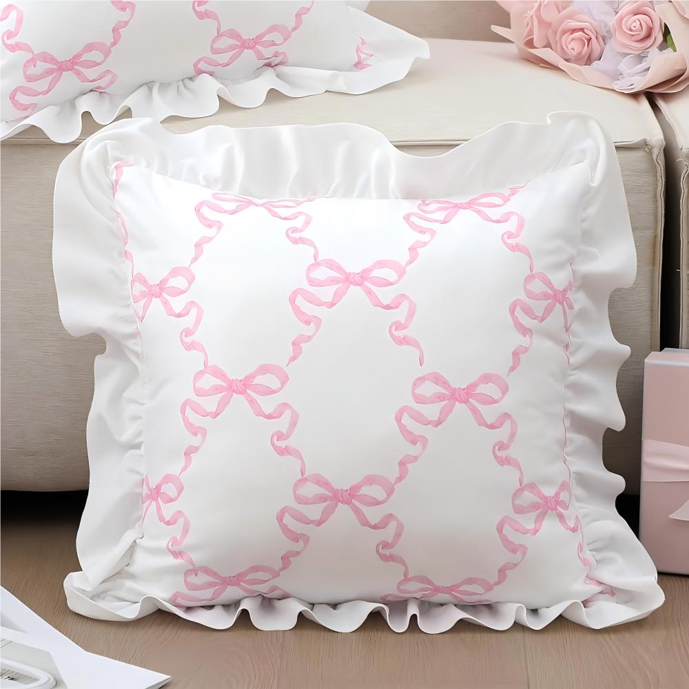 BUYNOW 1pc 2pcs/set Pink Bow White Lace Pillowcase Cute College Style Bow Pillow Decor GirlsApartment Bedroom Bed Sofa Decor