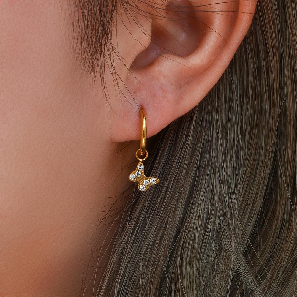 Trendy 18K Gold Waterproof Stainless Steel Earrings Dangling Diamond Cross Star Butterfly Pendant 18K Gold Body Jewelry Zircon
