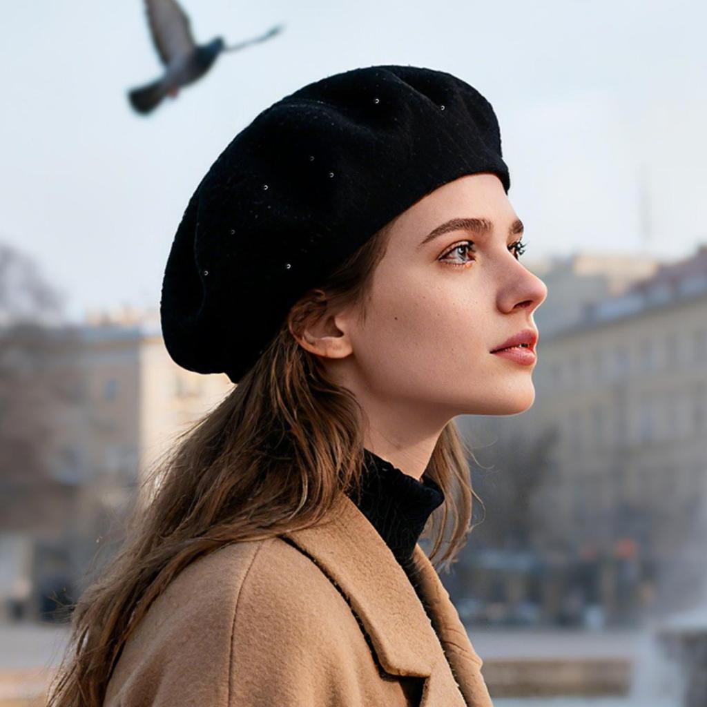 A Women's Beret Knitted Woolen Hat with Autumn and Winter Thick Ear Protection Wool Hat and Shiny Diamond Decoration
