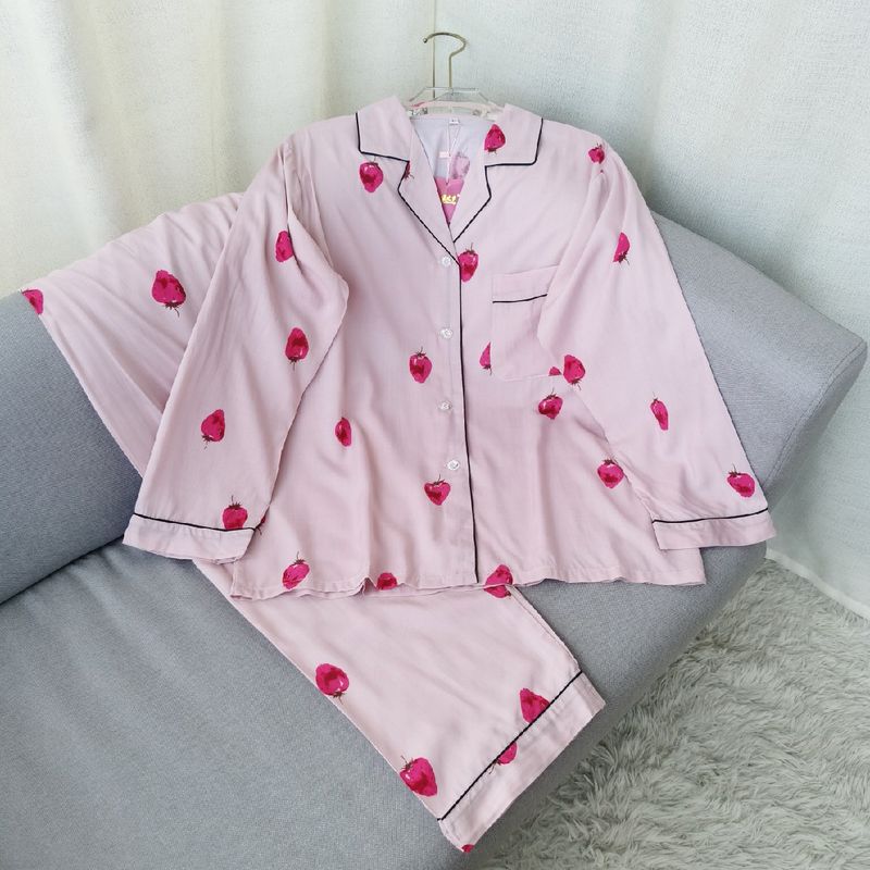 

Women s Pajamas Summer Cotton Silk Long Sleeves Strawberry Two-piece Set K-style Fresh and Outerwear Homewear Spring Autumn Set Pink XL