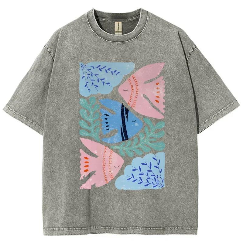 Cartoon Minimalist Feng Shui Grass Small Fish Print  T-Shirt Washed Loose Oversized Short Sleeve Vintage Casual