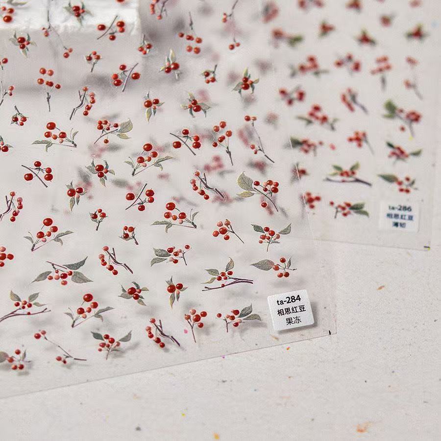 Chinese Acacia Bean Nail Art Sticker Relief Jelly Crystal Diamond Red Bean Green Leaf Nail Decorative Decal Piece