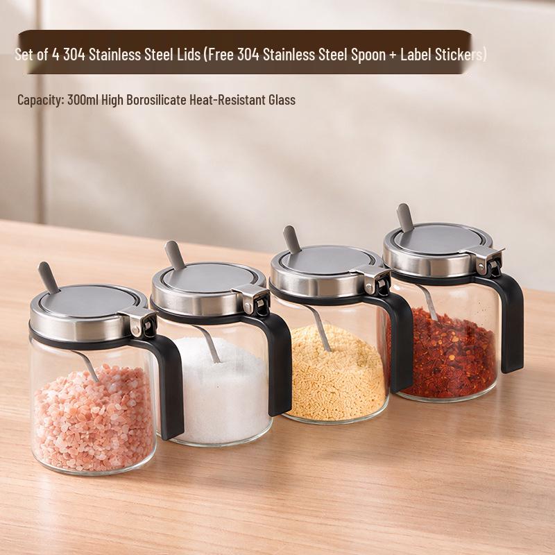 Stainless Steel Glass Kitchen Seasoning Jars Set with Spring Lid & Spoon