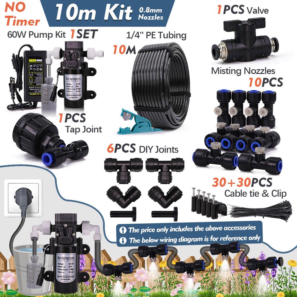 

60W Misting Cooling System Pump Kit w/ Smart Timer 0.8mm Fine Spray Nozzles 1/4 4/6mm PE Hose Garden Patio Irrigation Atomizer