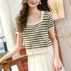 Sommer Kurzarm Gestreiftes T-Shirt Damen Gestrickte Hemden Pullover Tops Weiblich Elastisch Lässig Strick-T-Shirt Damen T-Shirts Crop Tops