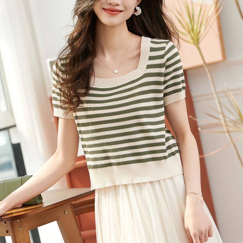 Sommer Kurzarm Gestreiftes T-Shirt Damen Gestrickte Hemden Pullover Tops Weiblich Elastisch Lässig Strick-T-Shirt Damen T-Shirts Crop Tops