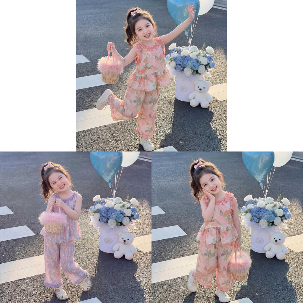 Girl Flower Summer Sleeveless Twopiece Outfit With Soft Polyester Fabric For Kids Age 3 To 8