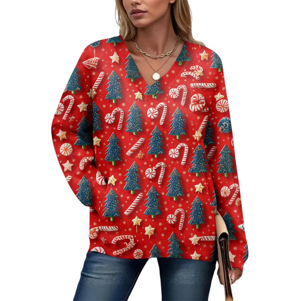 Damtopp med långärmad jultryck och avslappnad design