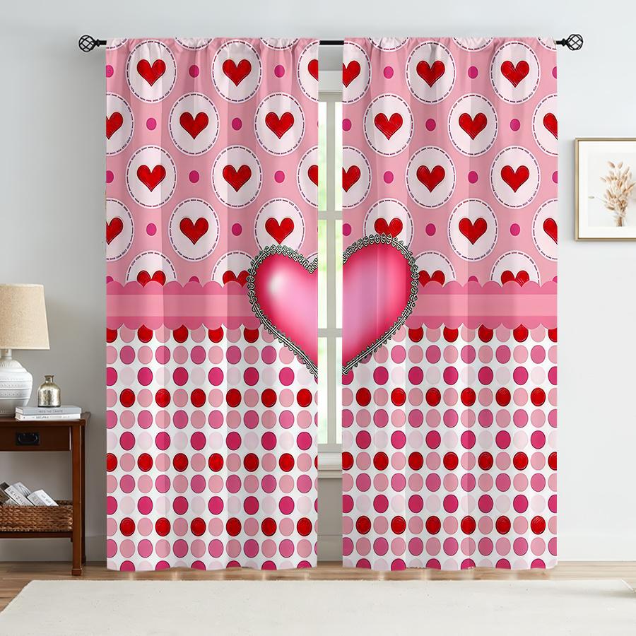 2PCS foundation make-up red heart wave point layered curtain   sweet style   living room   bedroom   trolley pocket decoration